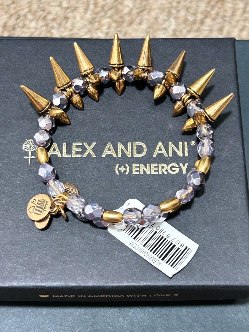 Alex and Ani Gold Spike Bracelet with Light Purple Beads